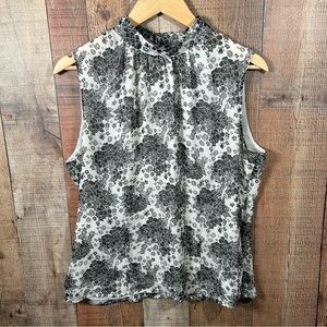Black White Floral Blouse XL Sleeveless Mock Neck Lined Side Zip Career